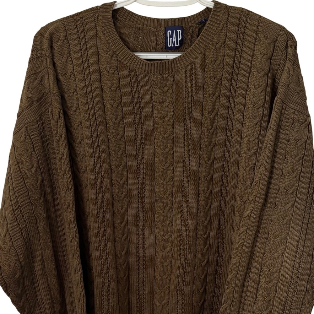 Vintage GAP Mens Cable Knit Sweater Brown Olive Crewneck 90s Relaxed Fit XL - Picture 6 of 10